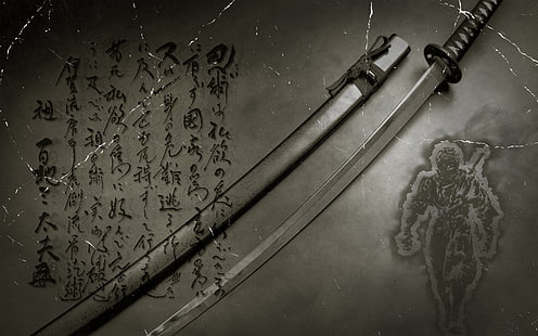 épée d'argent, épée, japonais, art numérique, katana, kanji, typographie, Fond d'écran HD HD wallpaper