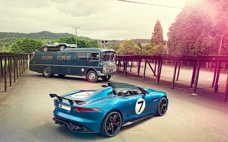Jaguar Project 7 Concept Parking ، سيارة رياضية زرقاء قابلة للتحويل ، جاكوار ، مشروع ، مفهوم ، موقف سيارات، خلفية HD