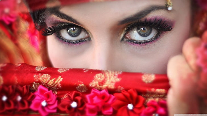 eyeshadow merah muda wanita, mata, eyeshadow, kerudung, potret, Wallpaper HD