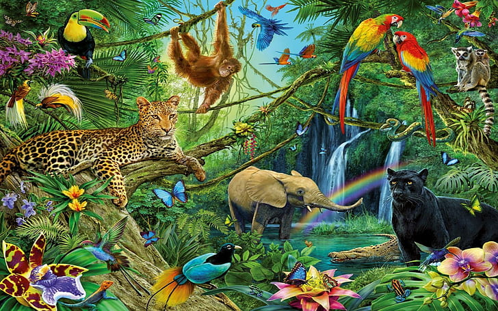 Zwierzęta z dżungli Leopard Puma słoń szympans Papagal Tucan szop wąż pulpit tapeta hd 1920 × 1200, Tapety HD