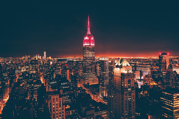 Empire State, Ню Йорк, градски пейзаж, град, нощ, светлини, HD тапет