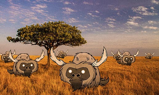 Svälta inte, buffel, savann, träd, himmel, gräs, Svälta inte tillsammans, konstverk, HD tapet HD wallpaper