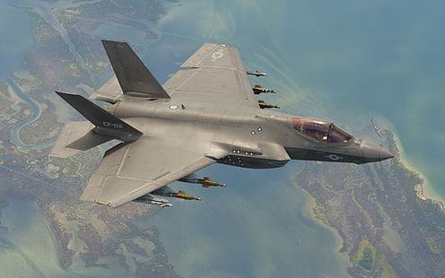 сив реактивен самолет дигитален тапет, самолет, военен самолет, пейзаж, Lockheed Martin F-35 Lightning II, HD тапет HD wallpaper