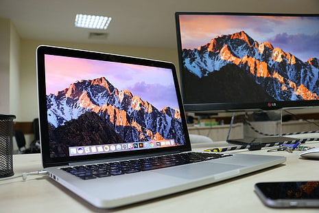 komputer, monitor eksternal, laptop, macbook, macos, monitor, office, sierra, Wallpaper HD HD wallpaper