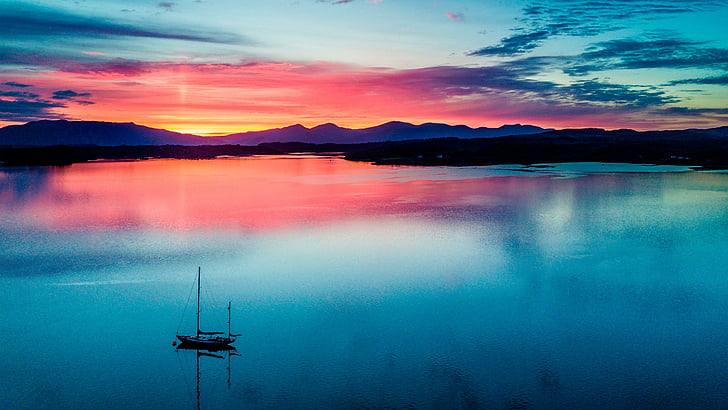 lago, veleiro, nascer do sol, amanhecer, Loch Creran, Barcaldine, Argyll, Escócia, Reino Unido, navio à vela, barco, veleiro, HD papel de parede