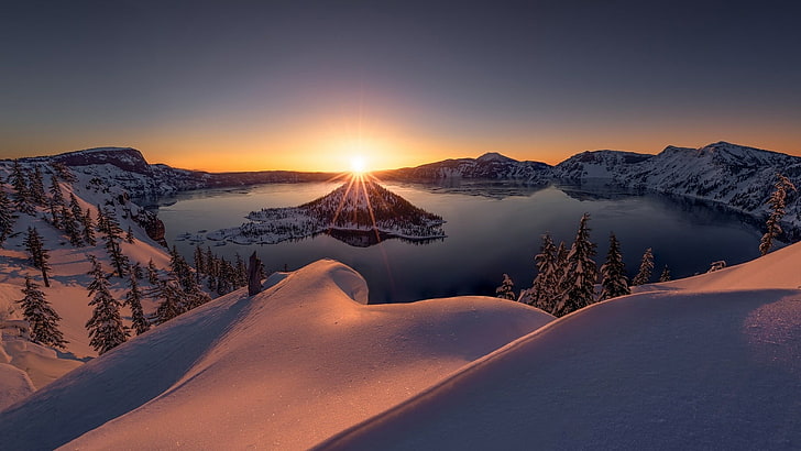 morning, united states, national park, crater lake national park, snowy, sunlight, landscape, oregon, crater lake, dawn, snow, horizon, wilderness, sunrise, mountain, wizard island, winter, sky, nature, HD wallpaper
