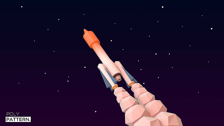 Poly Pattern, иллюстрация космического корабля, запуск ракеты, 4k, 5k, обои для iphone, низкополигональная, минимализм, HD обои