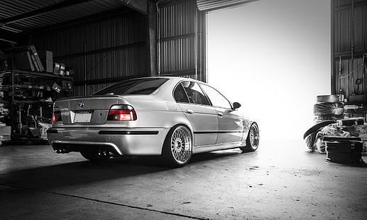 silver BMW sedan, car, BMW, BMW M5 E39, E 39, Garage, HD wallpaper HD wallpaper