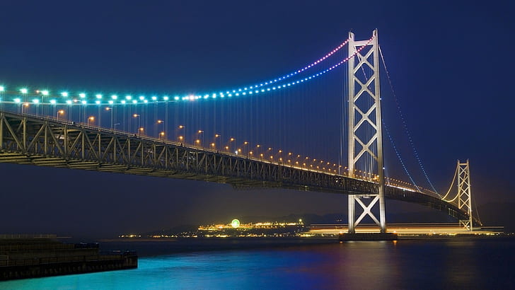 Мост Akashi Kaikyō, мост, архитектура, Япония, нощ, светлини, море, HD тапет