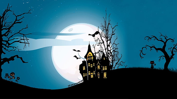 casa stregata e luna piena carta da parati, Halloween, casa, arte digitale, pipistrelli, gatto, zucca, alberi, Luna, Sfondo HD