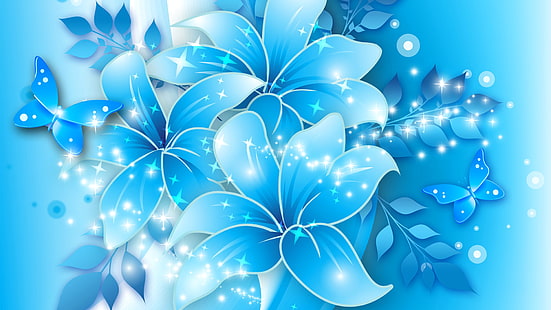 ilustrasi bunga petaled biru, bunga, daun, kolase, kupu-kupu, vektor, Wallpaper HD HD wallpaper