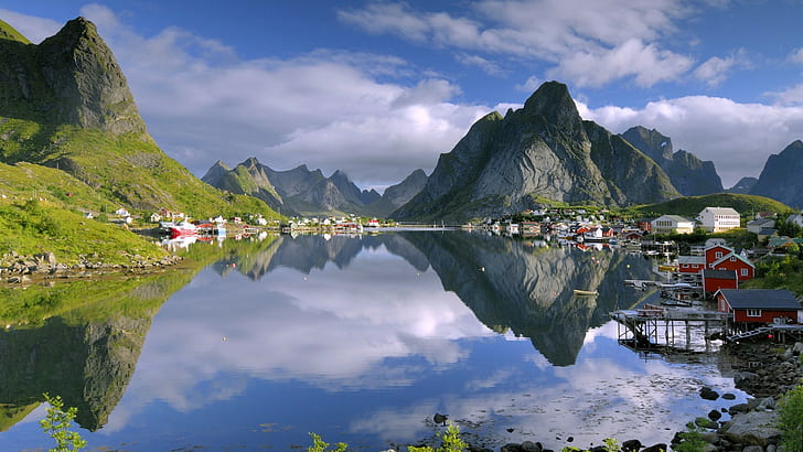 mountains, lake, home, Norway, town, HD wallpaper