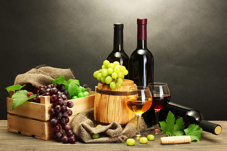 leaves, table, wine, red, white, grapes, bottle, box, corkscrew, barrel, HD wallpaper