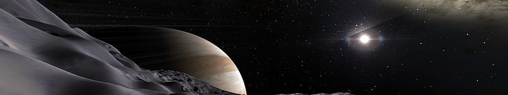 Ilustración del espacio exterior, Motor espacial, planeta, estrellas, pantalla triple, CGI, arte espacial, Fondo de pantalla HD
