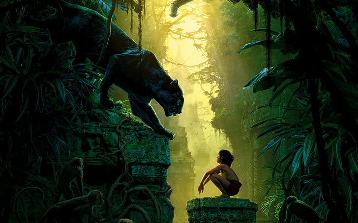 Тапетът на Книгата на джунглата, птици, момче, пантера, джунгла, фантазия, руините, маймуна, лозя, Багира, Маугли, Книгата на джунглата, Багира, HD тапет