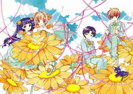 Anime, Cardcaptor Sakura, Eriol Hiiragizawa, Keroberos (Card Captor Sakura), Sakura Kinomoto, Spinel Sun, Syaoran Li, Tomoyo Daidouji, HD wallpaper HD wallpaper