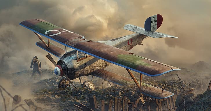 Biplane, Barbed wire, WWI, piston fighter, Nieuport 17, HD wallpaper