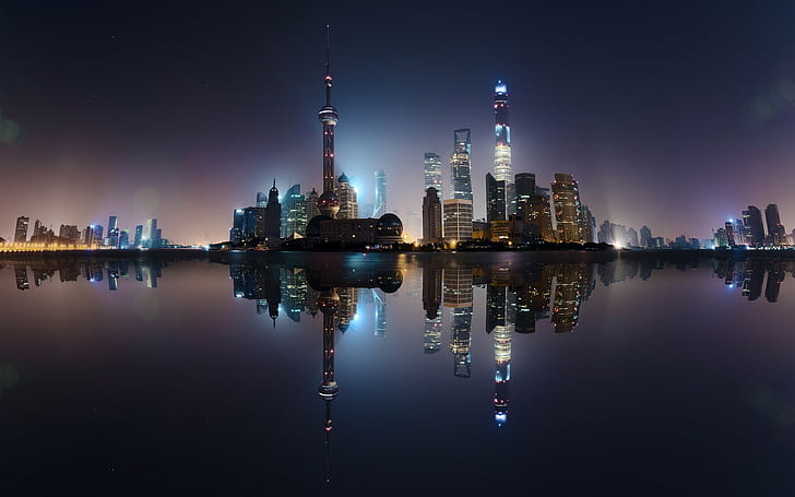 stadsbild, Kina, lampor, torn, skyskrapa, lång exponering, Shanghai, vatten, natt, byggnad, stad, reflektion, hav, HD tapet