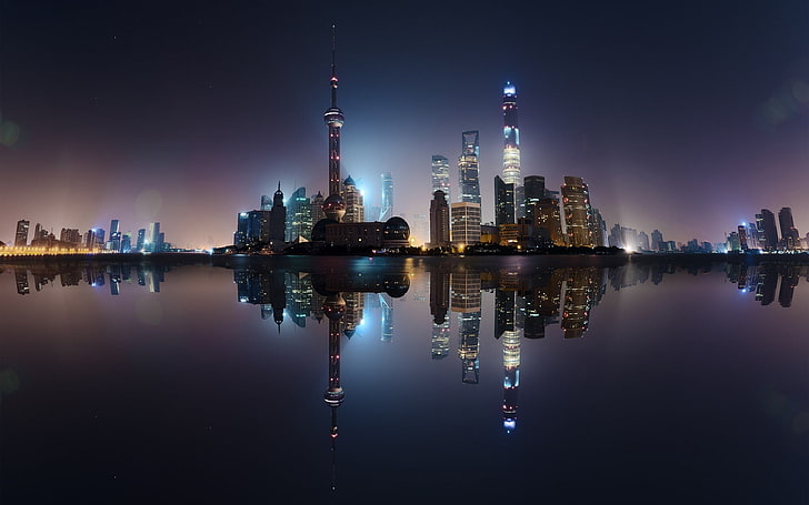 pejzaż wysokich budynków, fotografia panoramy miasta nocą, Szanghaj, Chiny, miasto, pejzaż miejski, wieżowiec, wieża, woda, morze, odbicie, noc, światła, budynek, długa ekspozycja, Tapety HD