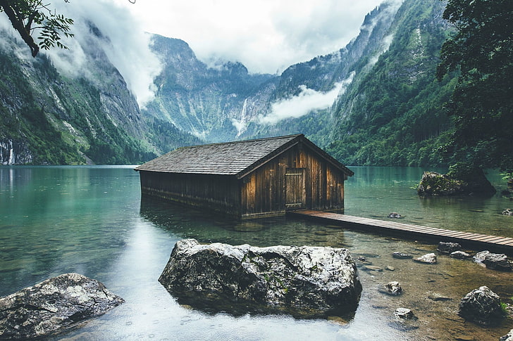 casa in legno marrone, natura, paesaggio, lago, case galleggianti, Germania, montagne, foresta, nuvole, Parco Nazionale Berchtesgaden, Sfondo HD