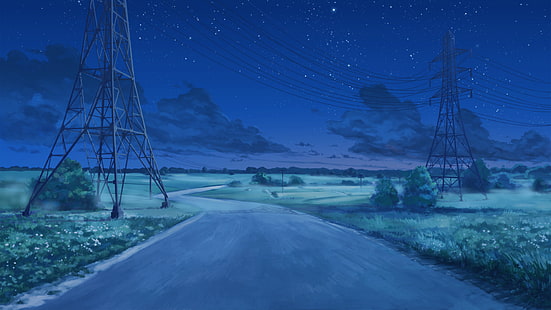 ArseniXC, clouds, Everlasting Summer, Power Lines, Starry Night, Utility Pole, HD wallpaper HD wallpaper
