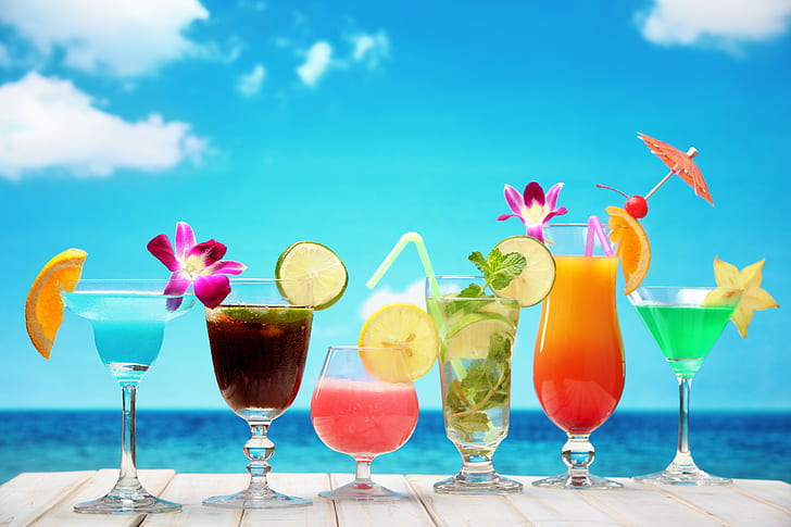 morze, plaża, koktajl, lato, owoce, świeże, raj, drink, tropikalny, Tapety HD