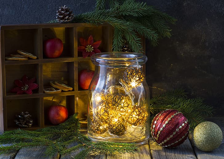 decoration, balls, Christmas, New year, merry, lantern, fir tree, fir-tree branches, HD wallpaper
