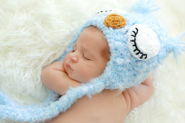 touca de malha azul do bebê, bebê, sono, touca de banho, azul, coruja, HD papel de parede