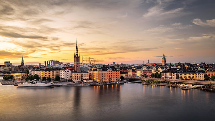 stockholm, sweden, europe, cityscape, sky, city, skyline, urban area, reflection, landmark, gamla stan, cloud, sunset, dusk, evening, HD wallpaper
