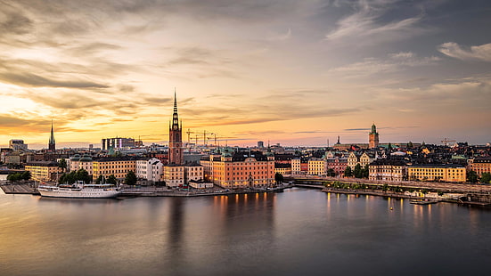 stockholm, sweden, europe, cityscape, sky, city, skyline, urban area, reflection, landmark, gamla stan, cloud, sunset, dusk, evening, HD wallpaper HD wallpaper