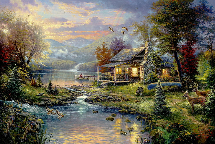 house surrounded by trees near body of water, forest, trees, mountains, birds, house, river, boat, Picture, painting, deer, nature, art, Paradise, Thomas Kinkade, Christmas trees, huntsman, hunting, Natures Paradise, HD wallpaper