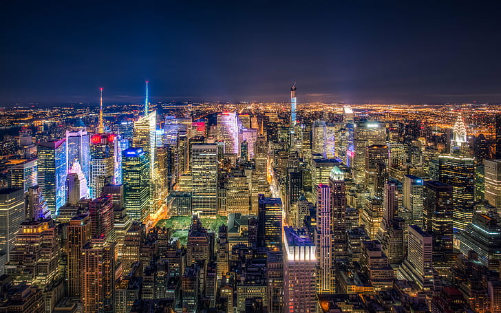 aerial photography of New York cityscape at night, Midtown, NY, aerial photography, cityscape, at night, New York  New York, New York City, NYC, downtown  manhattan, Times Square, Light, Lights, Night, Dark, Lit, HDR, 32-bit, canon 5d mark iii, mark 3, architecture, buildings, high rise, skyscraper, HD wallpaper