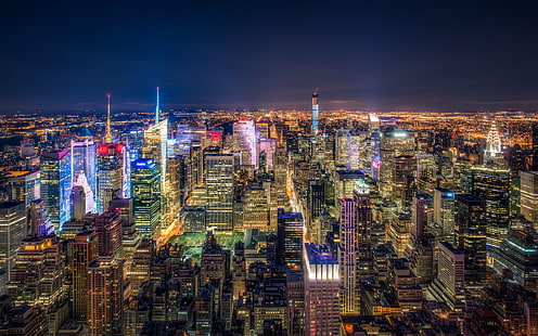 aerial photography of New York cityscape at night, Midtown, NY, aerial photography, cityscape, at night, New York  New York, New York City, NYC, downtown  manhattan, Times Square, Light, Lights, Night, Dark, Lit, HDR, 32-bit, canon 5d mark iii, mark 3, architecture, buildings, high rise, skyscraper, HD wallpaper HD wallpaper