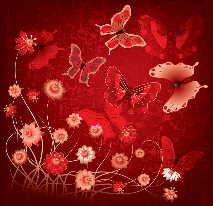 four red butterflies with flower illustration, butterfly, flowers, abstract, red, design, grunge, butterflies, HD wallpaper