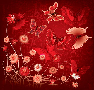 أربعة فراشات حمراء مع التوضيح الزهرة ، فراشة ، الزهور ، مجردة ، الأحمر ، التصميم ، الجرونج ، الفراشات، خلفية HD HD wallpaper