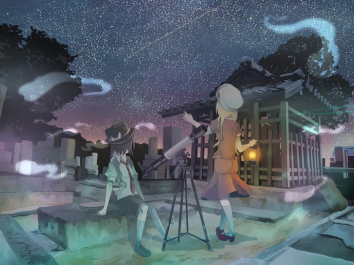 аниме, аниме девушки, телескоп, звёзды, ночь, небо, HD обои