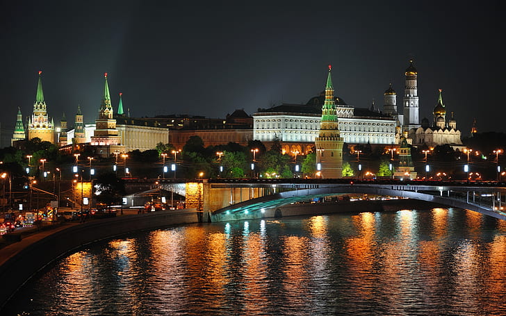 Moscow Night Lights, stolica, ciemność, miasto, miasto, urss, Tapety HD