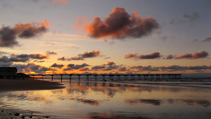 Coast landscape, bridge, sand, sea, sunset, red sky, silhouette of pier on body of water, Coast, Landscape, Bridge, Sand, Sea, Sunset, Red, Sky, HD wallpaper