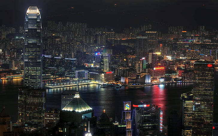 Hongkong, miasto, wieżowce, neon, Chiny, noc, Tapety HD