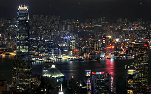 Hong Kong, Cidade, Arranha-céus, Néon, China, Noite, HD papel de parede HD wallpaper