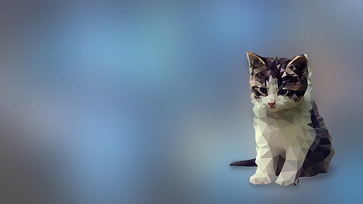 geometryczna ilustracja kotka biało-czarnego, ilustracja biało-czarnego kota, sztuka cyfrowa, kocięta, low poly, kot, zwierzęta, Tapety HD