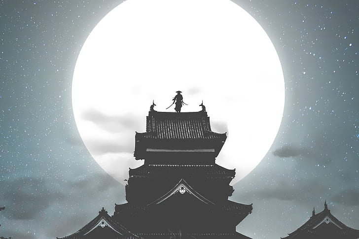 Фантазия, самурай, луна, нощ, воин, HD тапет