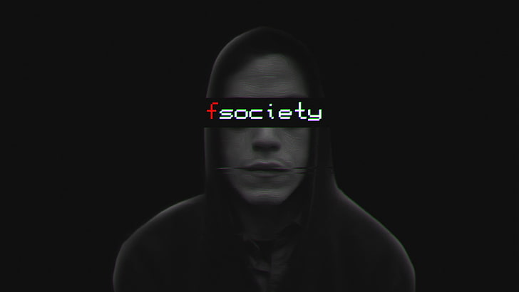 man background with text overlay, Mr. Robot, Elliot (Mr. Robot), TV, fsociety, simple background, face, black background, monochrome, HD wallpaper