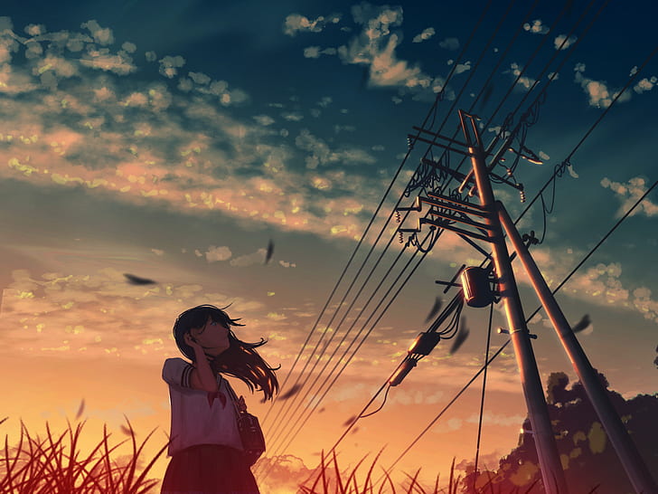 anime, anime girls, sky, clouds, summer, sunset, utility pole, moescape, HD wallpaper