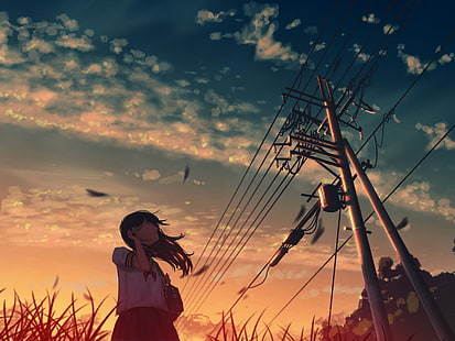 anime, gadis anime, langit, awan, musim panas, matahari terbenam, tiang listrik, moescape, Wallpaper HD HD wallpaper