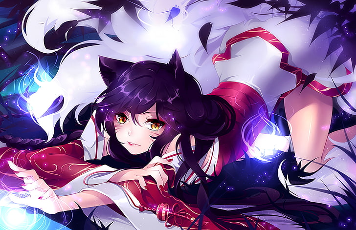 Anime-Charakter, Ahri, Fuchs-Mädchen, Liga der Legenden, Anime-Stil, Tierohren, Spiele, HD-Hintergrundbild
