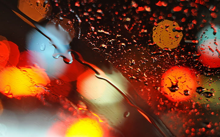 rain, water on glass, water drops, lights, night, HD wallpaper