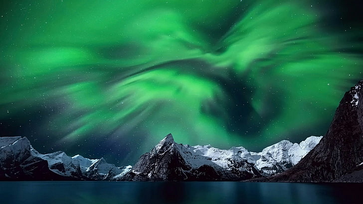 Норвегия, ночные огни, ночь, ночное небо, звездное небо, гора, пейзаж горы, горный хребет, полярные огни, лофотенские острова, северное сияние, арктика, пейзаж, фьорд, явление, небо, атмосфера, северное сияние, природа, HD обои