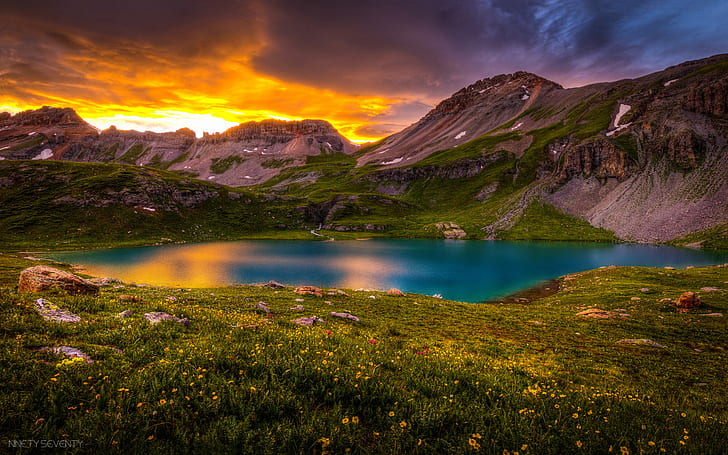 Colorado Ice Lake San Juan National Forest Rocky Mountains Sunset Orange Clouds Meadow Wild Flowers Spring Landscape 1920×1200, HD wallpaper