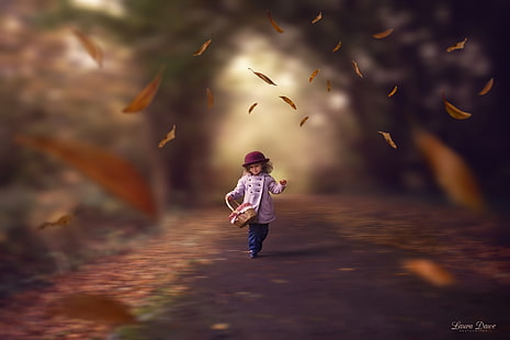 kızın mor kruvaze ceket, çocuklar, yaprakları, alan derinliği, sonbahar, HD masaüstü duvar kağıdı HD wallpaper